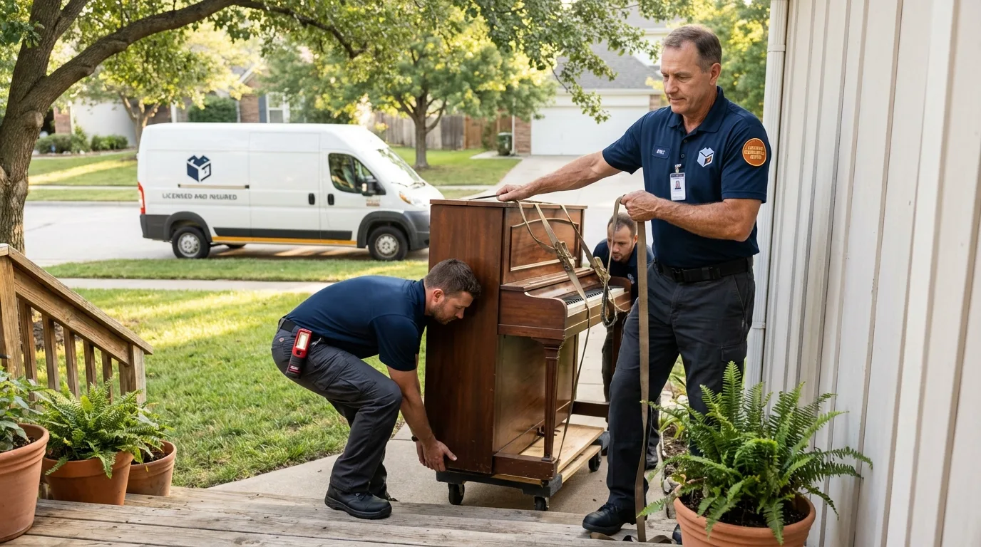 Licensed piano movers securing grand piano in Camillus, NY